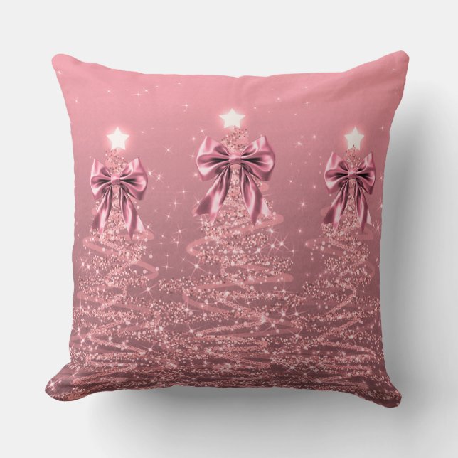 Xmas Sparkling Trees Blush Pink Faux Bow  Cushion (Front)