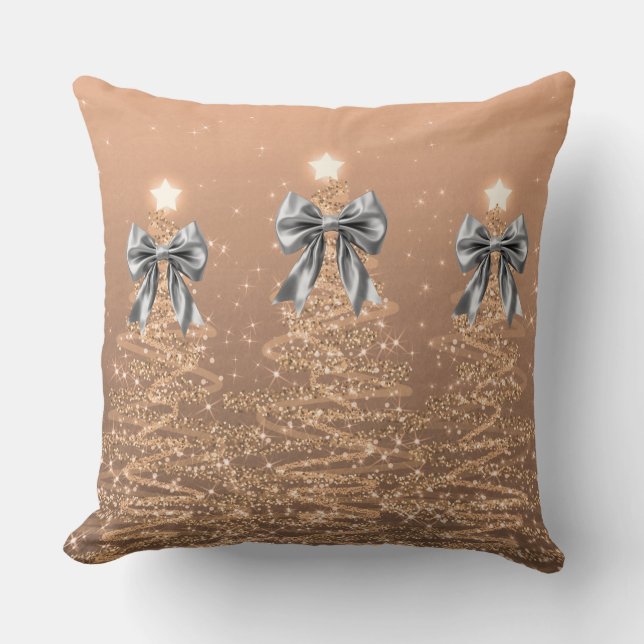 Xmas Sparkling Trees Rose Gold Faux Silver Bow  Cushion (Front)