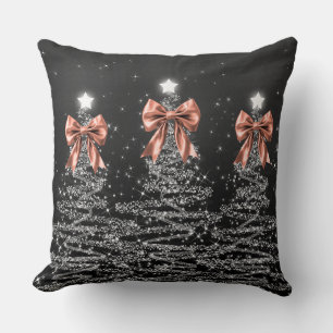 Xmas Sparkling Trees Silver Faux Rose Gold Bow Cushion