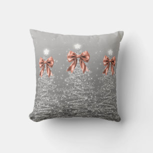 Xmas Sparkling Trees Silver Faux Rose Gold Bow Cushion