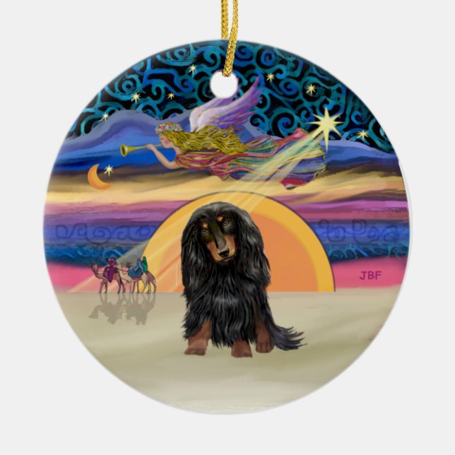 Xmas Star - Long Haired Dachshund (BT) Ceramic Ornament (Front)