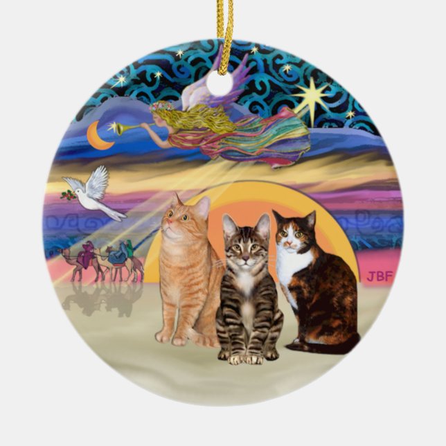Xmas Star -Three cats (AmSH) Ceramic Tree Decoration (Front)
