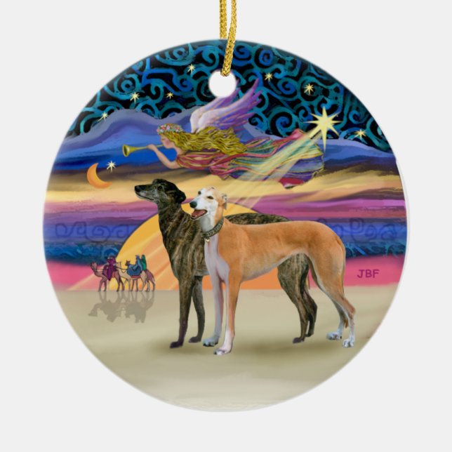 Xmas Star - Two Greyhounds Ceramic Tree Decoration (Front)