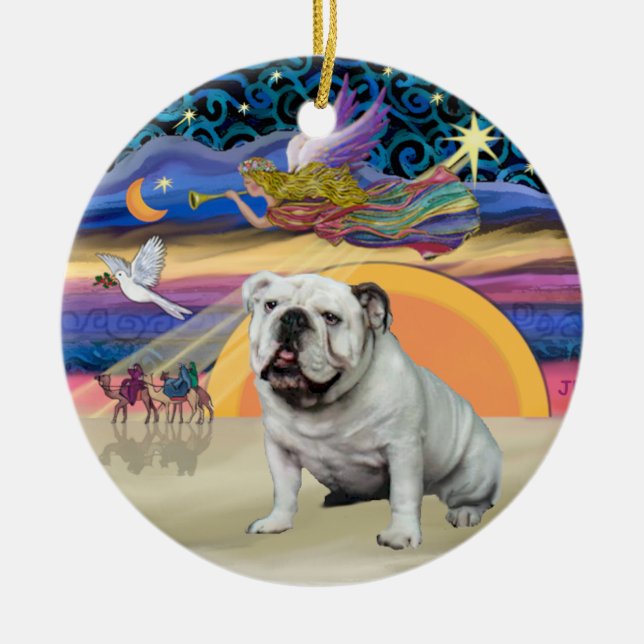 Xmas Star - White English Bulldog Ceramic Tree Decoration (Front)