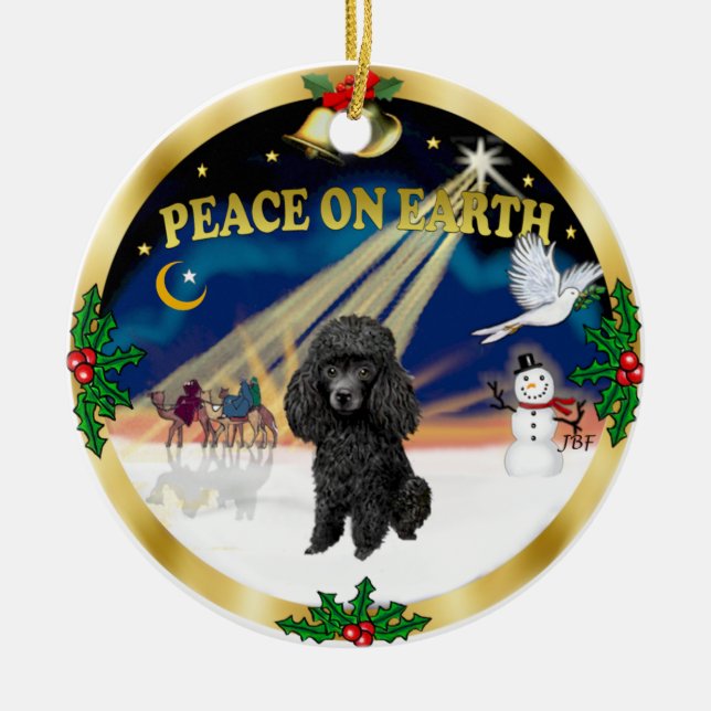 Xmas Sunrise - Black Toy Poodle Ceramic Tree Decoration (Front)