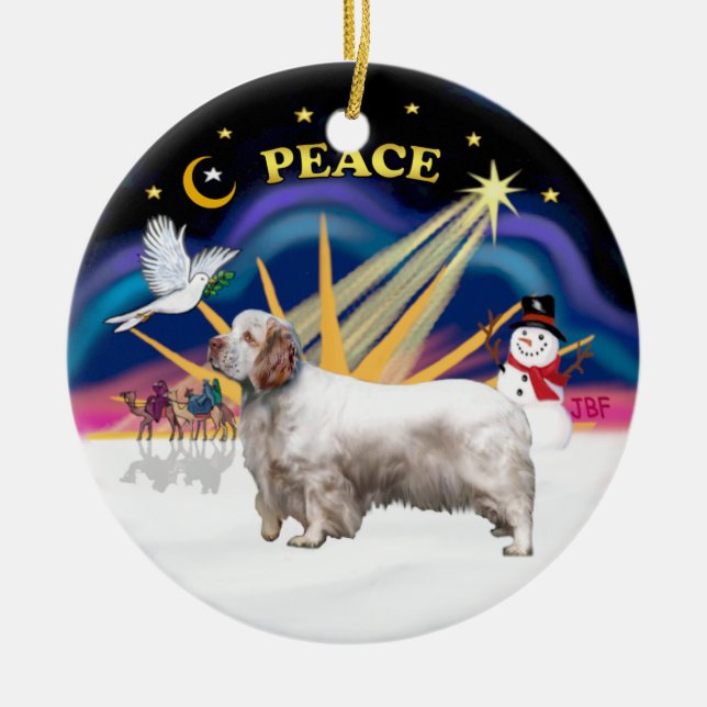 Xmas Sunrise - Clumber Spaniel Ceramic Tree Decoration (Front)