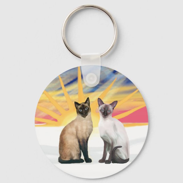 Xmas Sunrise - Two Siamese cats (Seal + Choc) Key Ring (Front)