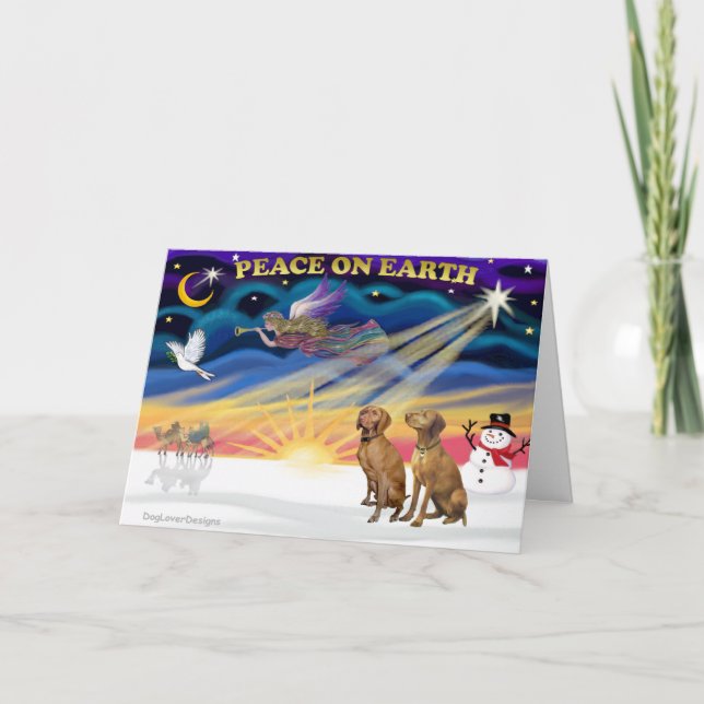 Xmas Sunrise - Two Vizslas Holiday Card (Front)