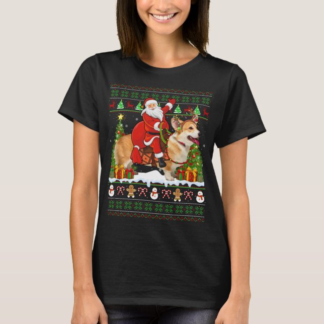 Xmas Sweater Ugly Santa Riding Corgi Dog Christmas (Front)