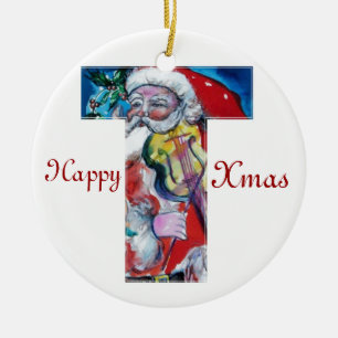 XMAS T LETTER /SANTA  CLAUS WITH VIOLIN MONOGRAM CERAMIC ORNAMENT