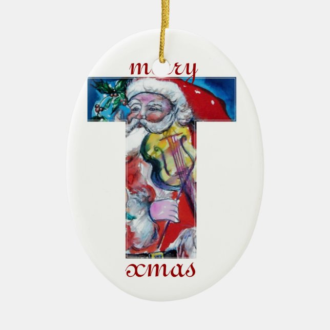 XMAS T LETTER /SANTA  CLAUS WITH VIOLIN MONOGRAM CERAMIC TREE DECORATION (Front)