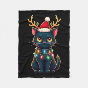 Xmas Tee Reindeer Black Cute Cat Christmas Lights  Fleece Blanket