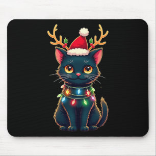 Xmas Tee Reindeer Black Cute Cat Christmas Lights  Mouse Pad