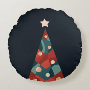 Xmas tree design, red blue abstract retro round cushion