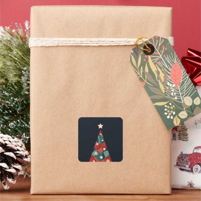 Xmas tree design, red blue red abstract retro  square sticker (Holiday)