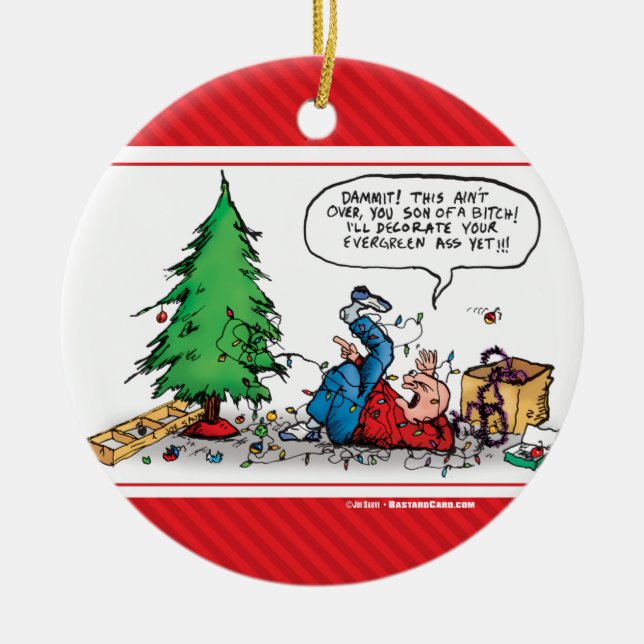 Xmas Tree Fight Funny Cartoon Ornament (Front)