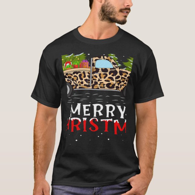 Xmas Tree Leopard Plaid Truck Merry Christmas   T-Shirt (Front)