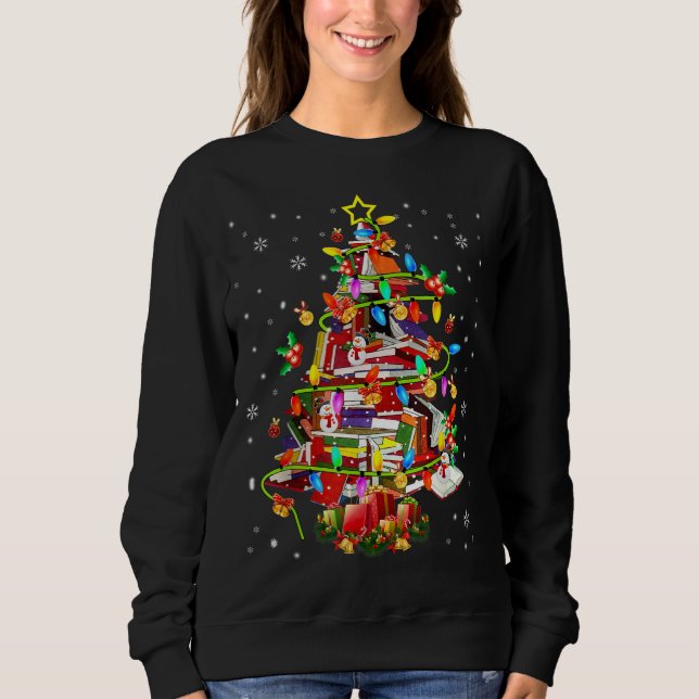 Xmas Tree Library Xmas Lights Tree Book Lover Libr Sweatshirt (Front)