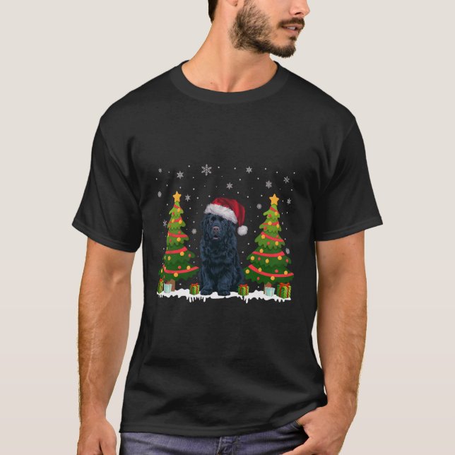 Xmas Tree Light Newfoundland Dog Santa Hat Christm T-Shirt (Front)