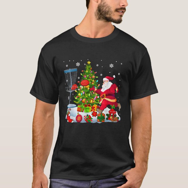 Xmas Tree Light Presents Santa Playing Disc Golf P T-Shirt (Front)