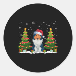 Xmas Tree Light Rough Collie Dog Santa Hat Christm Classic Round Sticker