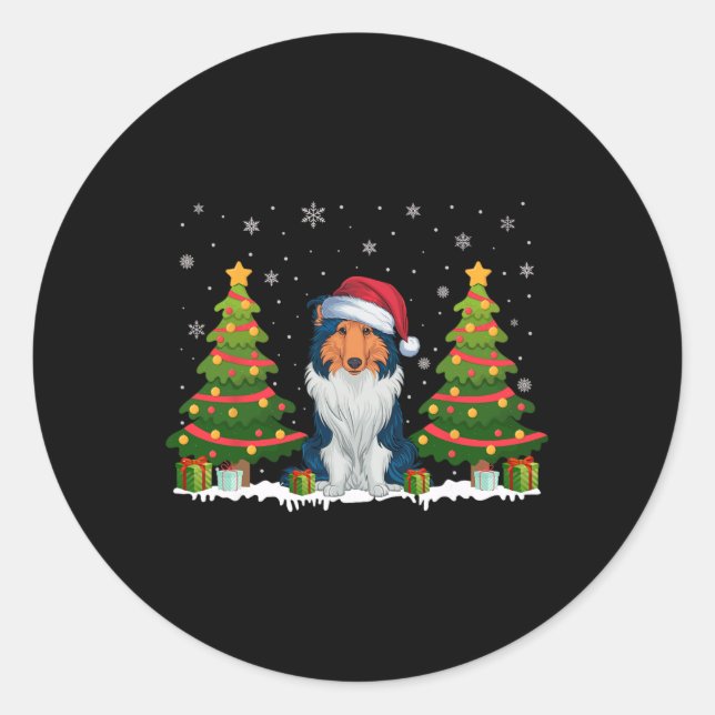 Xmas Tree Light Rough Collie Dog Santa Hat Christm Classic Round Sticker (Front)