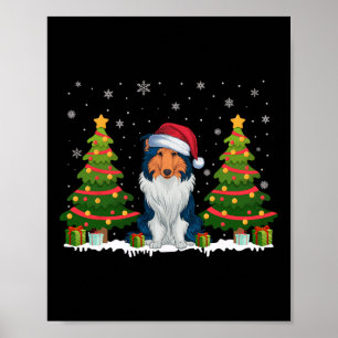 Xmas Tree Light Rough Collie Dog Santa Hat Christm Poster