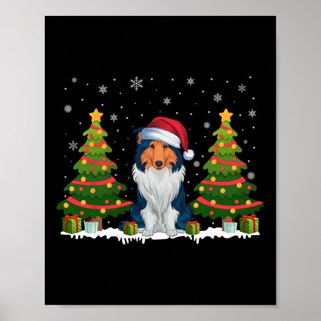 Xmas Tree Light Rough Collie Dog Santa Hat Christm Poster (Front)
