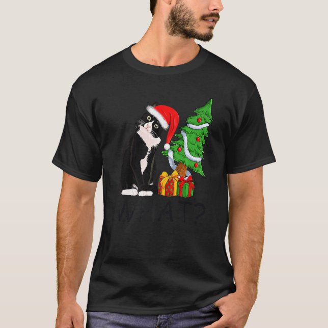 Xmas Tree Lighting Santa Black Cat Christmas T-Shirt (Front)