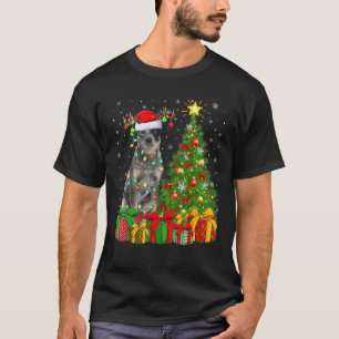 Xmas Tree Lighting Santa Hat Blue Heeler Dog Chris T-Shirt