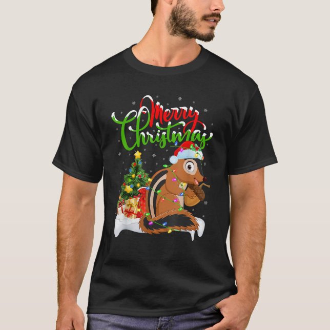 Xmas Tree Lighting Santa Hat Chipmunk Christmas  T-Shirt (Front)