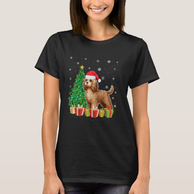 Xmas Tree Lighting Santa Hat Cockapoo Dog Christma T-Shirt (Front)