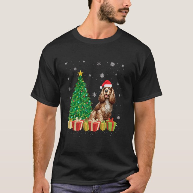 Xmas Tree Lighting Santa Hat Cocker Spaniel Dog Ch T-Shirt (Front)