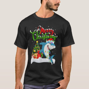 Xmas Tree Lighting Santa Hat Great White Shark Chr T-Shirt