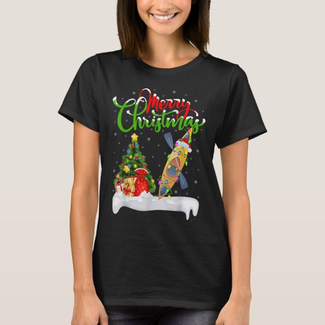 Xmas Tree Lighting Santa Hat Kayak Boat Kayaking C T-Shirt (Front)