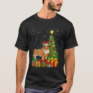Xmas Tree Lighting Santa Hat Rough Collie Dog Chri T-Shirt