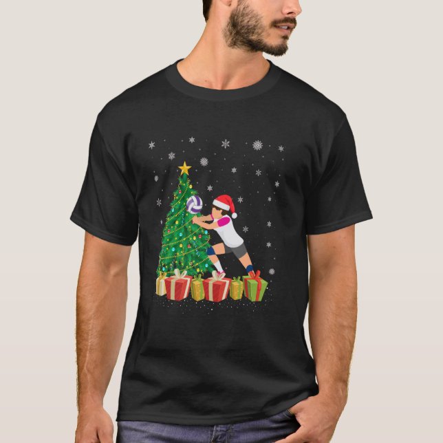 Xmas Tree Lighting Santa Hat Volleyball Player Chr T-Shirt (Front)