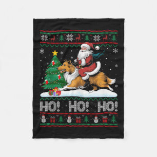 Xmas Tree Lighting Santa Riding Collie Dog Christm Fleece Blanket