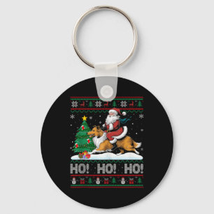Xmas Tree Lighting Santa Riding Collie Dog Christm Key Ring