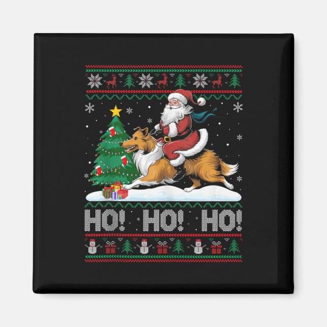 Xmas Tree Lighting Santa Riding Collie Dog Christm Magnet (Front)