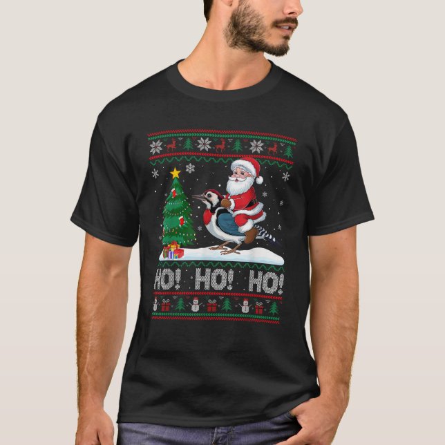 Xmas Tree Lighting Santa Riding Woodpecker Christm T-Shirt (Front)