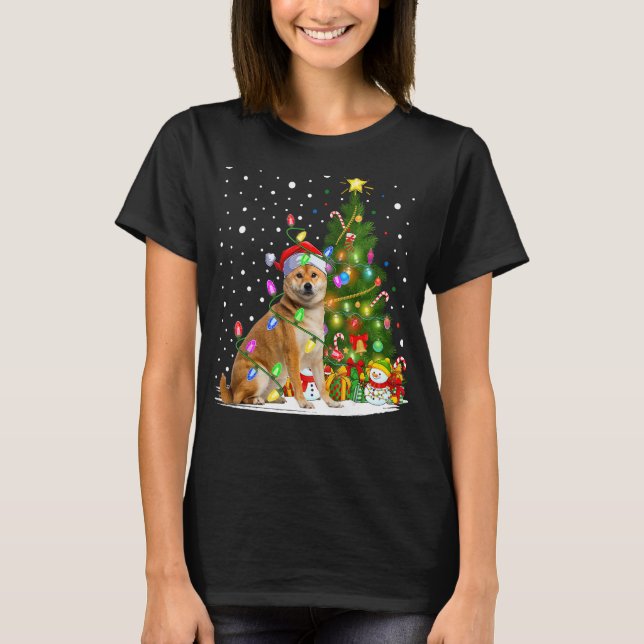 Xmas Tree Lighting Santa Shiba Inu Dog Christmas T-Shirt (Front)