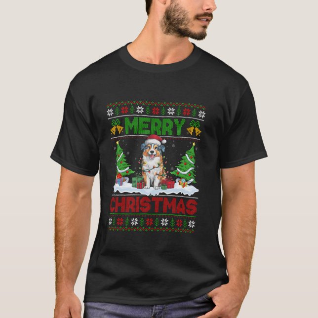 Xmas Tree Lighting Ugly Australian Shepherd Dog Ch T-Shirt (Front)