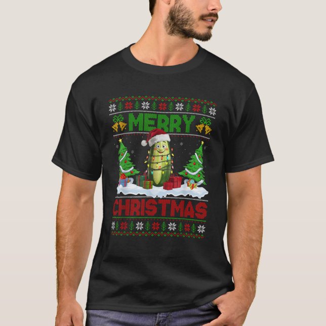 Xmas Tree Lighting Ugly Santa Hat Funny Cucumber C T-Shirt (Front)