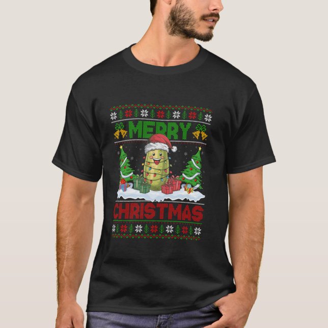 Xmas Tree Lighting Ugly Santa Hat Funny Pickle Chr T-Shirt (Front)