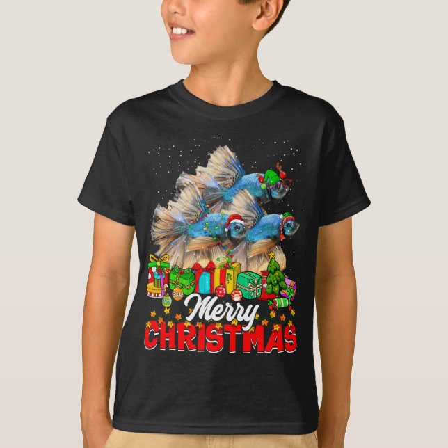 Xmas Tree Lights Christmas Pajama Fish Animals Lov T-Shirt (Front)