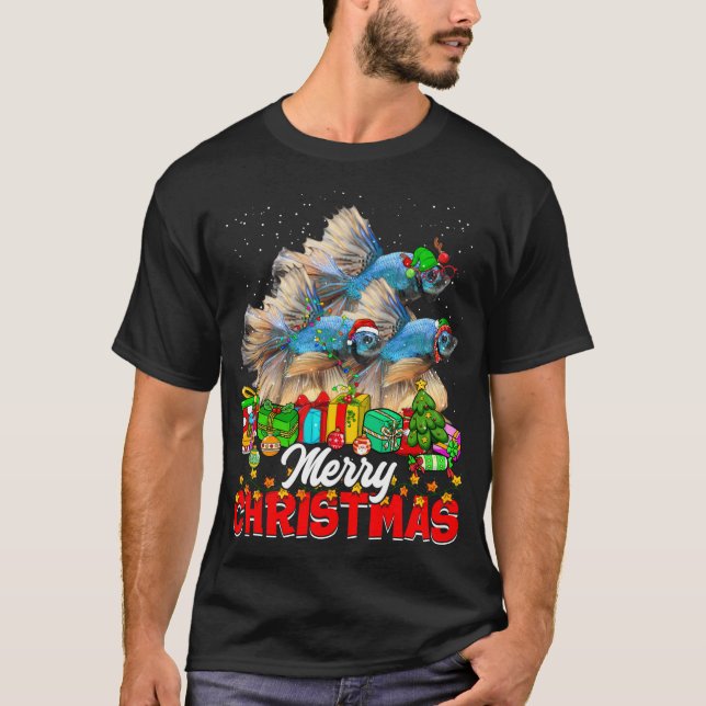 Xmas Tree Lights Christmas Pajama Fish Animals Lov T-Shirt (Front)