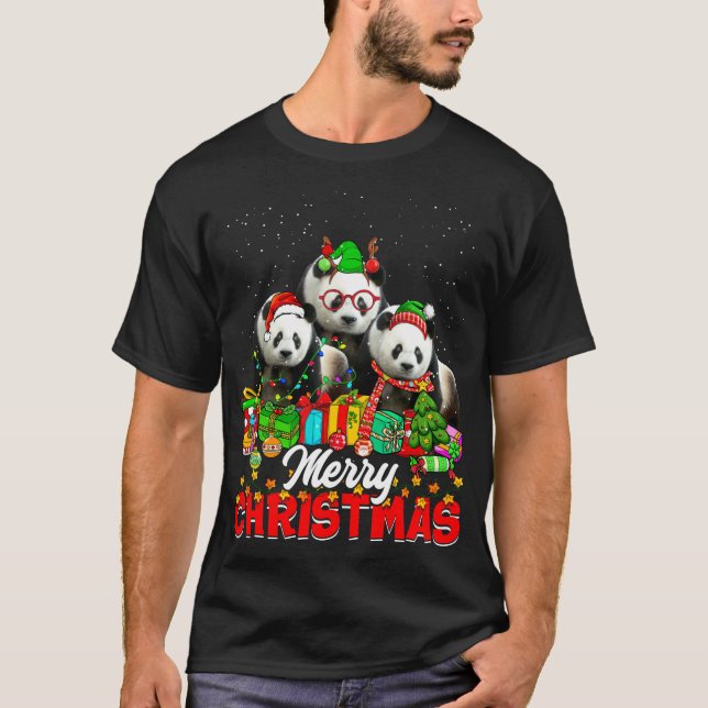 Xmas Tree Lights Christmas Pajama Panda Bear Anima T-Shirt (Front)