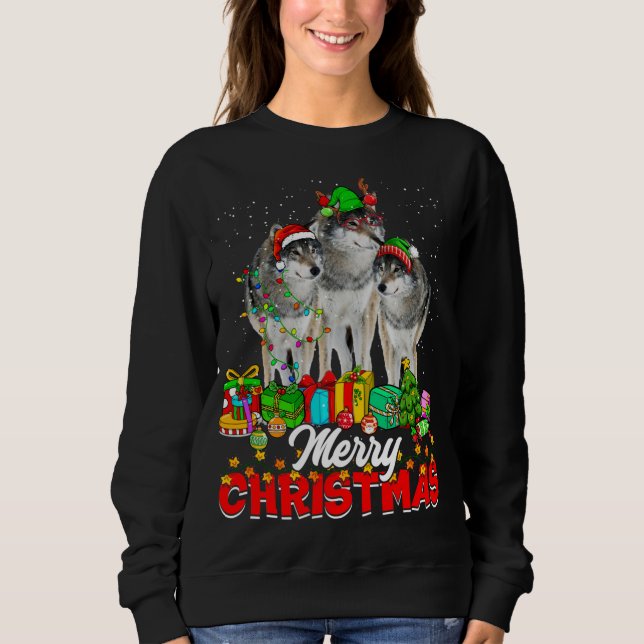 Xmas Tree Lights Christmas Pajama Wolf Animals Lov Sweatshirt (Front)