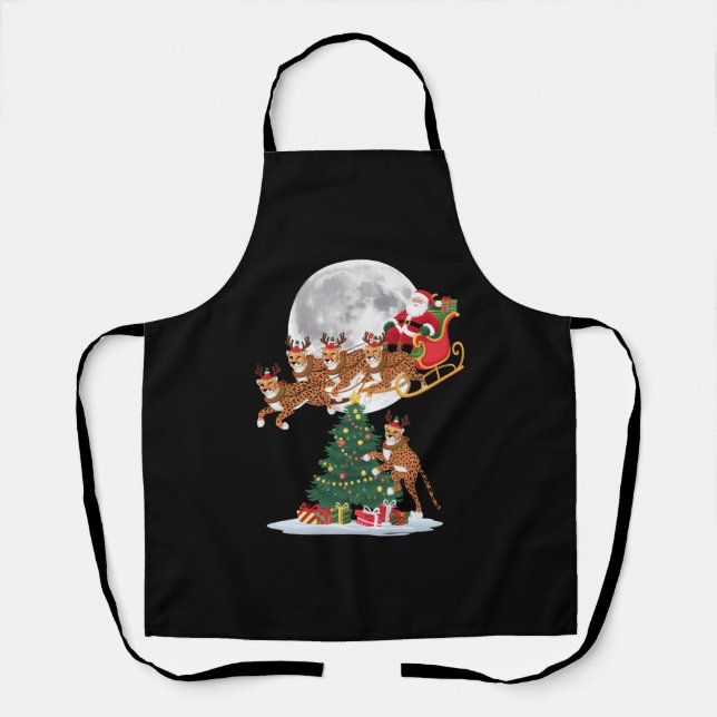 Xmas Tree Lights Funny Santa Riding Cheetah  Apron (Front)